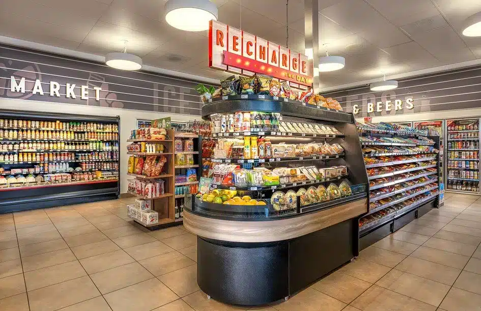 ExtraMile Recharge food and beverage zone with custom signage and branded décor by King Retail Solutions