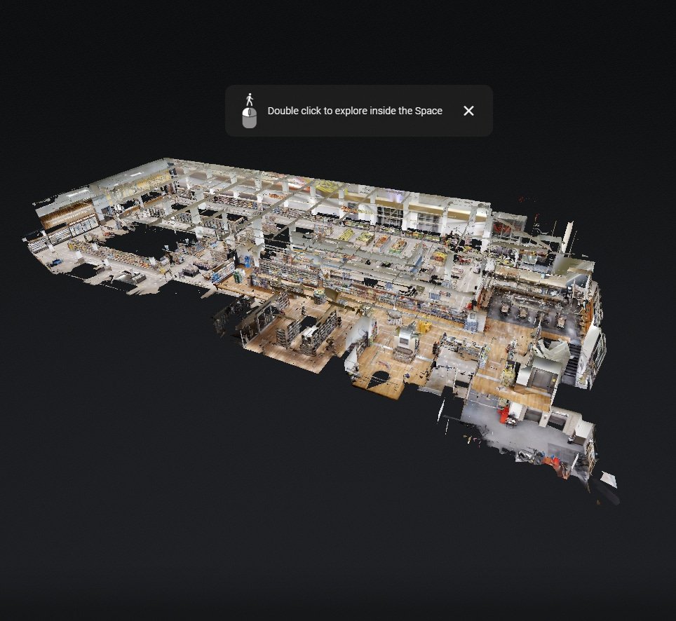 Dollhouse view of a 3D site survey model of a store